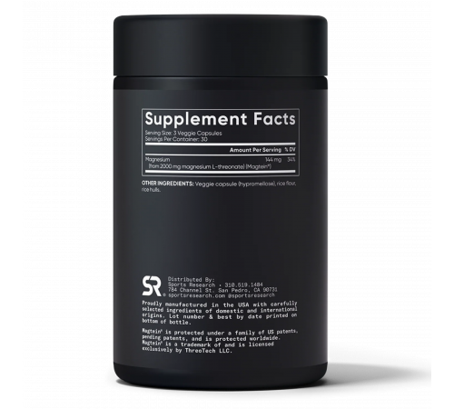 L-Треонат магния, Sports Research, MAG LT, 90 вегетарианских капсул